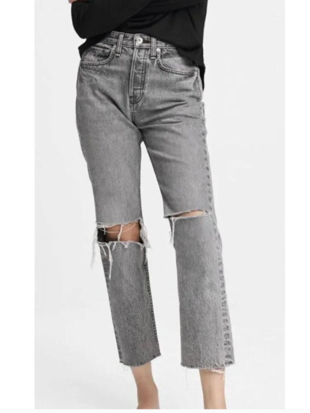 rag & bone Maya High Rise Ankle Slim Jeans 27 Zeus Gray Black Distressed Rigid